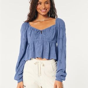Hollister Women’s NWT Blue Eyelet Peplum Babydoll Tie Front Top XL Cottagecore